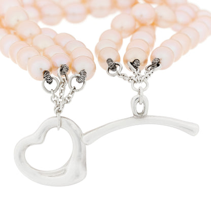 Tiffany Sterling Silver Pink Pearl Elsa Peretti Three Strand Heart Toggle Bracelet 3 of 4