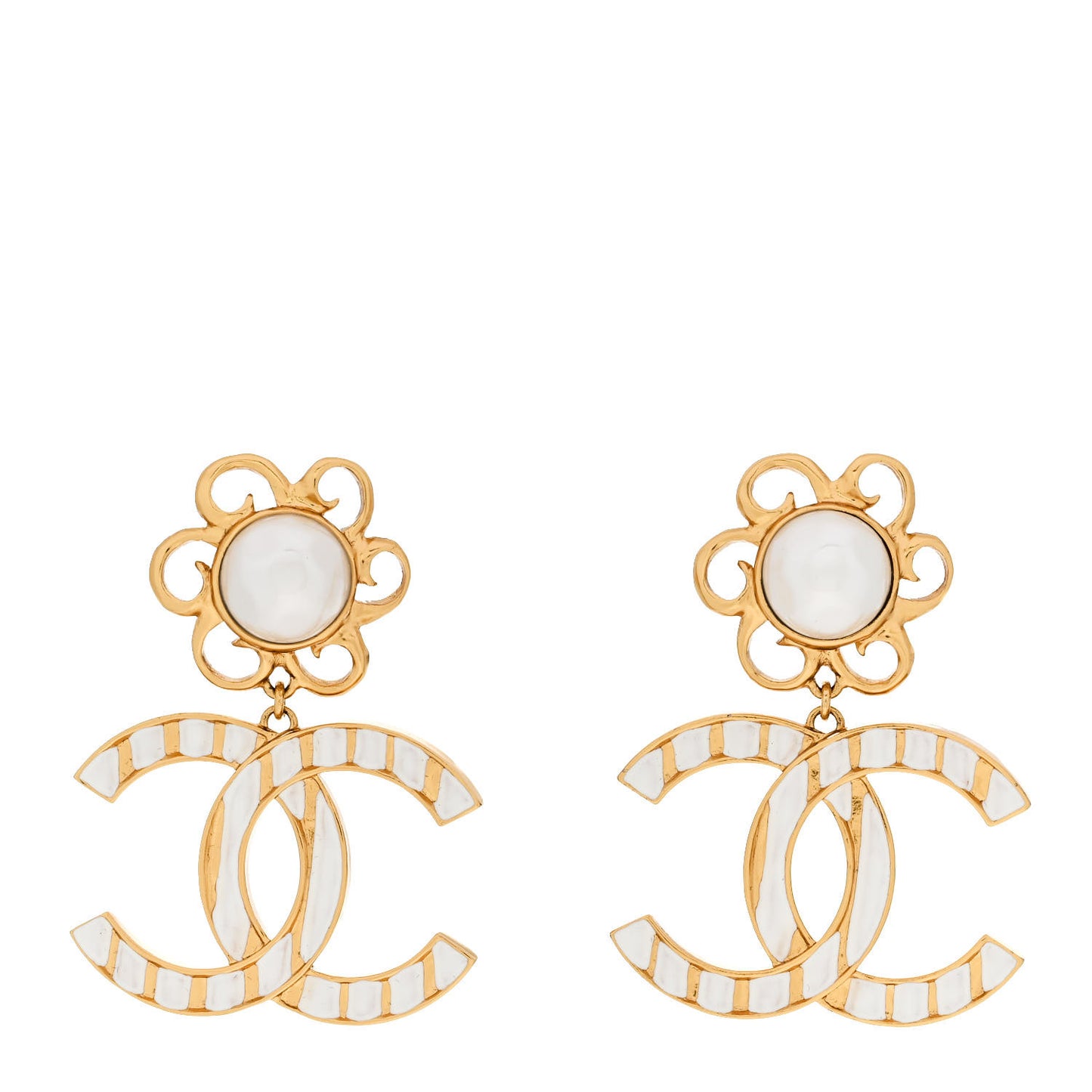 Metal Enamel Pearl CC Drop Earrings Gold White