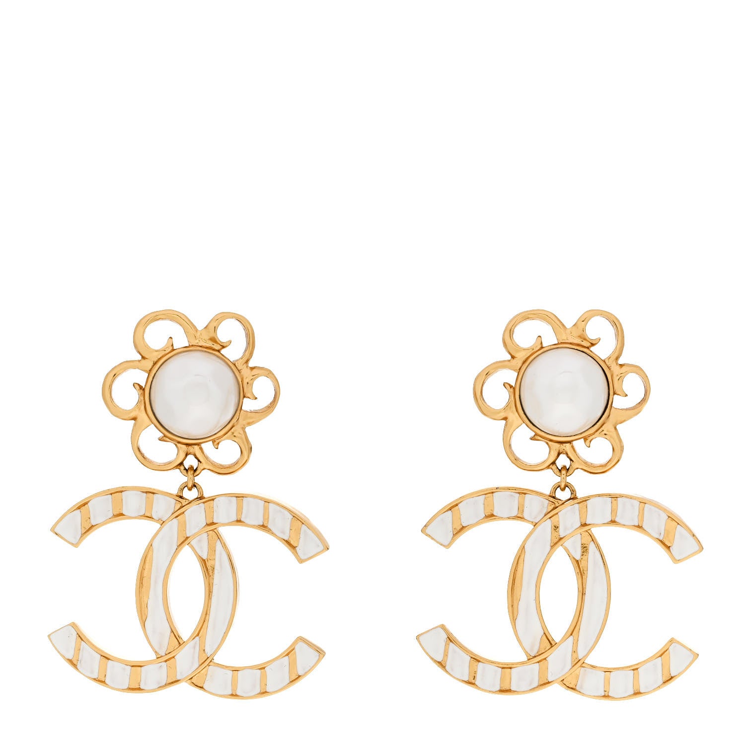 Chanel Metal Enamel Pearl CC Drop Earrings Gold White 1 of 4