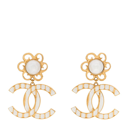 Chanel Metal Enamel Pearl CC Drop Earrings Gold White 1 of 4