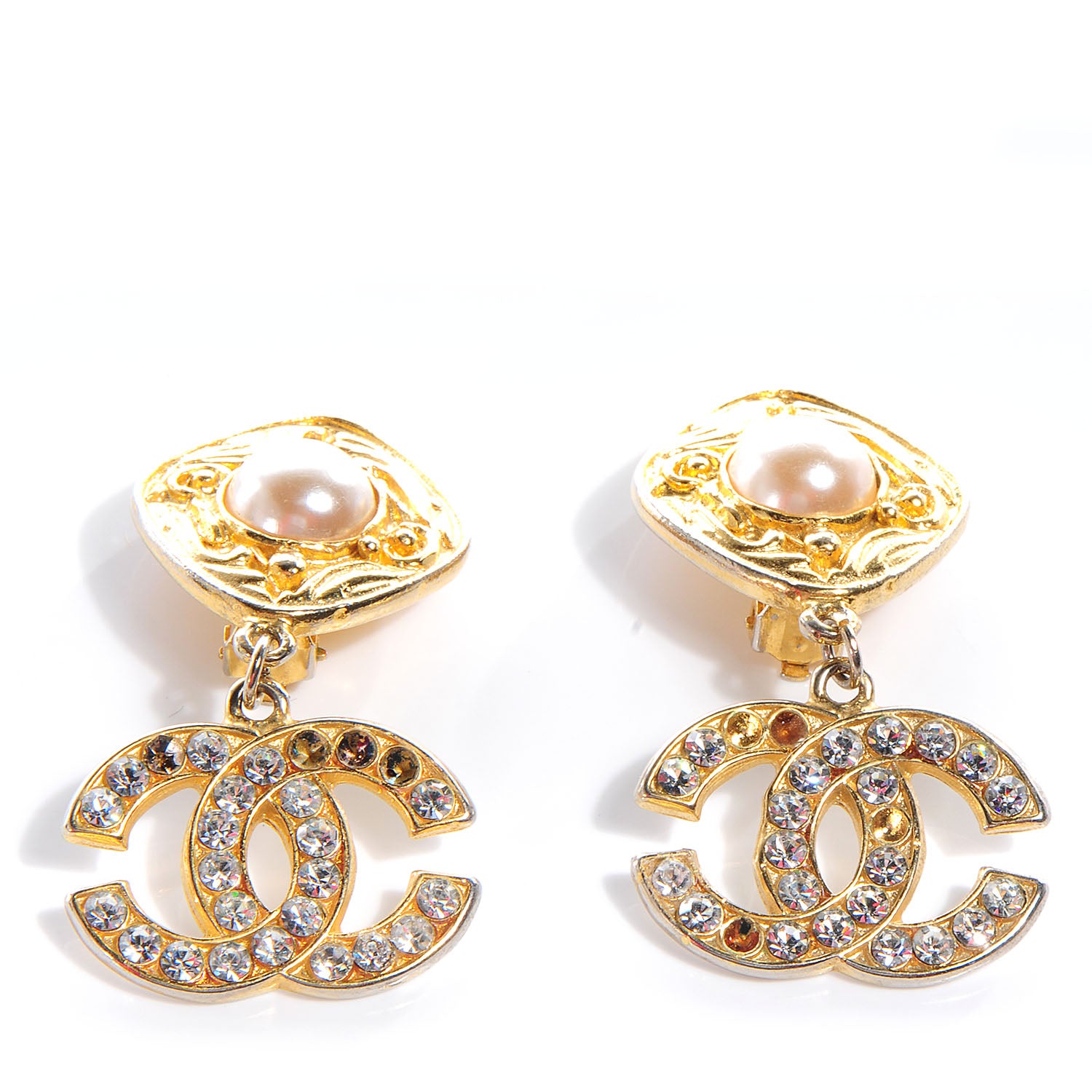 Chanel Pearl Crystal Clip On Earrings Gold 1 of 6
