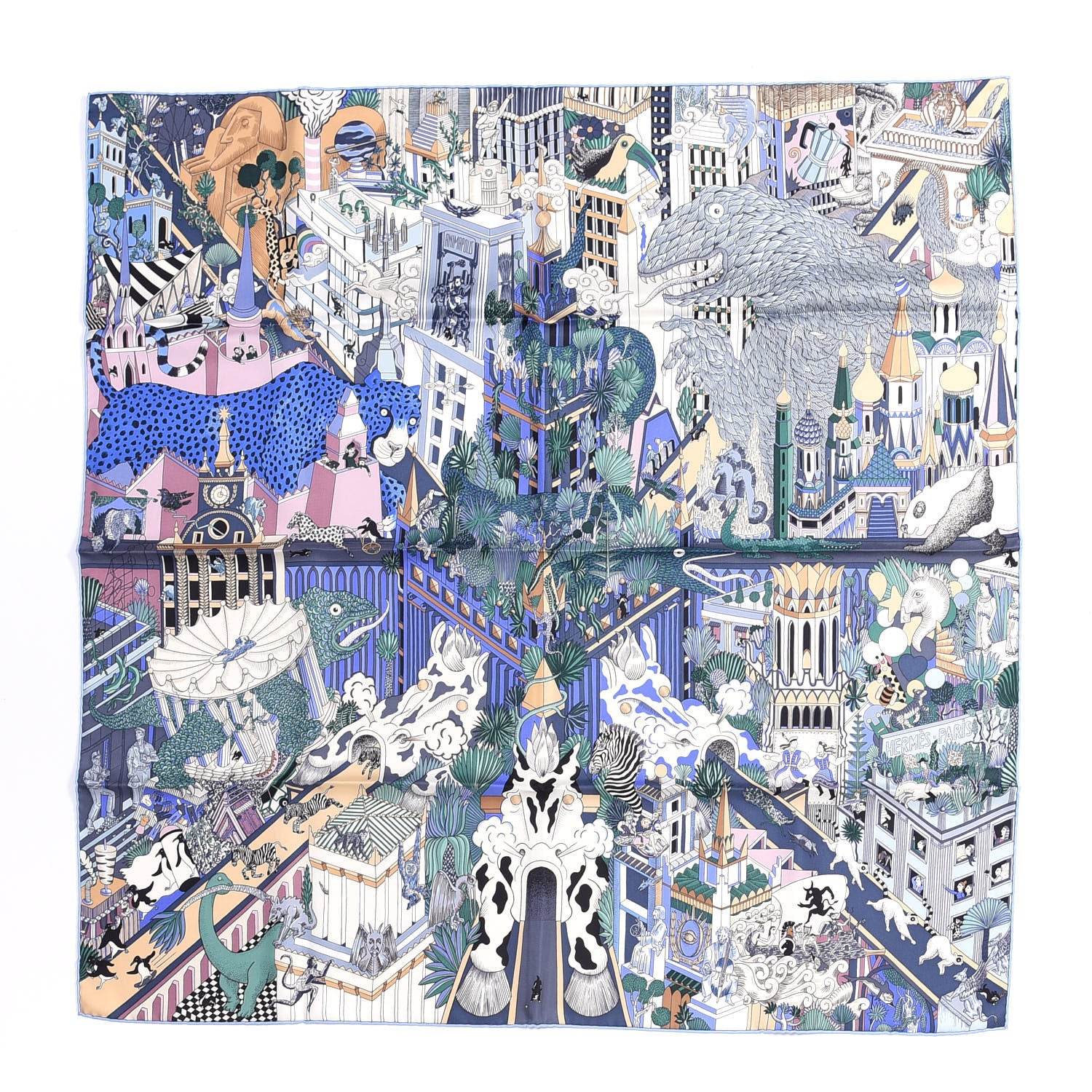 Hermes Silk Animapolis Scarf 90 Bleu Gris Vieux Rose 1 of 4
