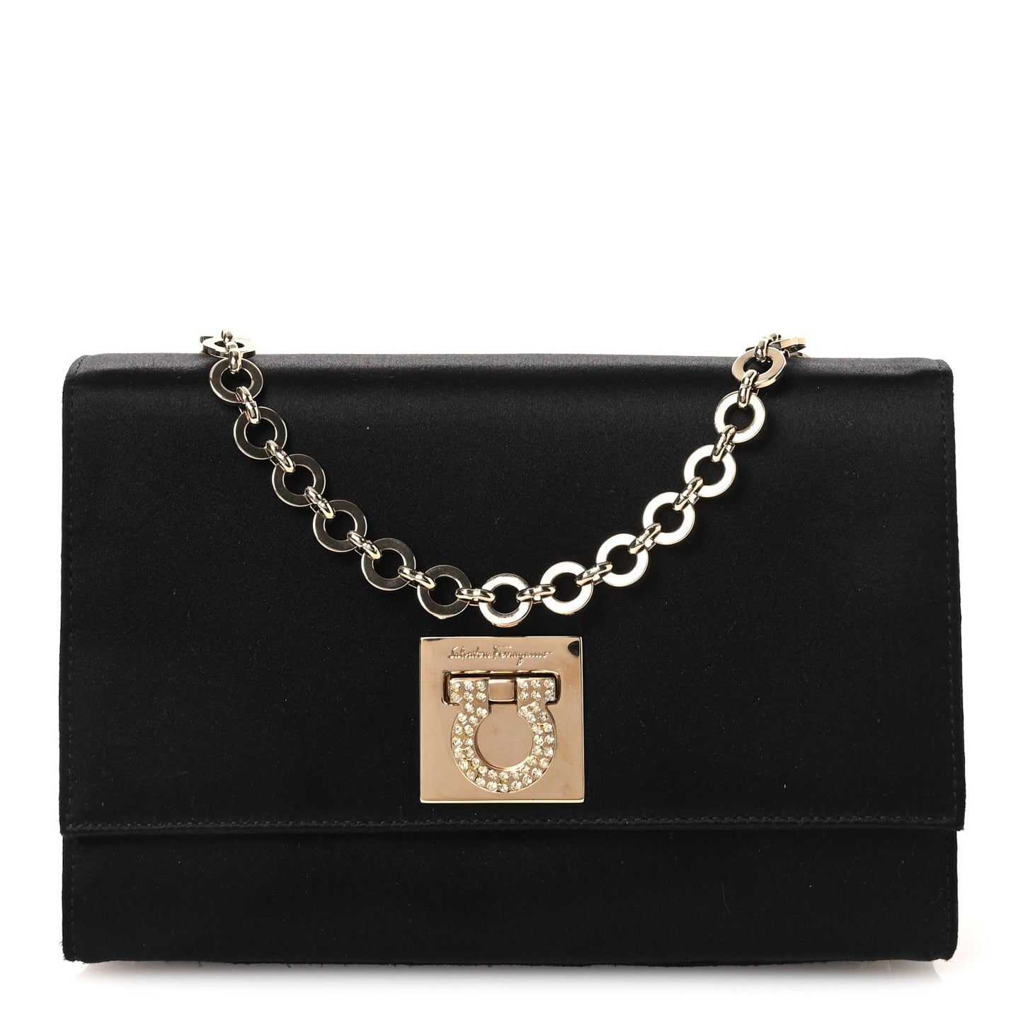 Satin Crystal Gancini Chain Flap Bag Black