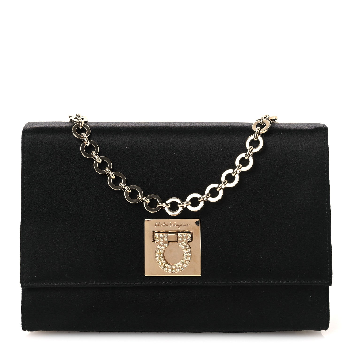 Salvatore Ferragamo Satin Crystal Gancini Chain Flap Bag Black 1 of 13