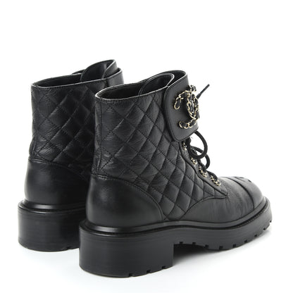 Chanel Shiny Goatskin Calfskin Quilted Lace Up Combat Boots 38 Black 4 of 9