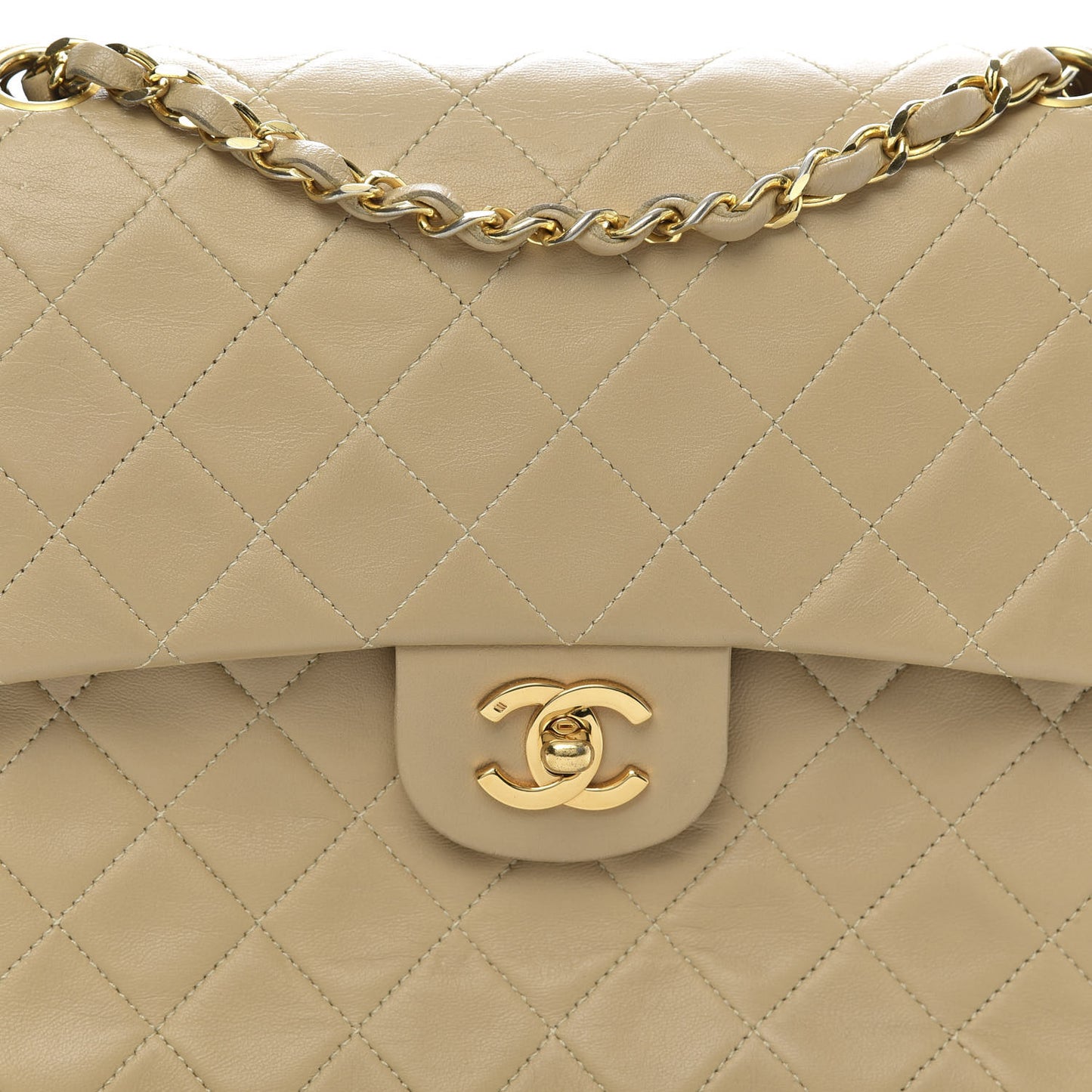 Lambskin Quilted Medium Double Flap Beige