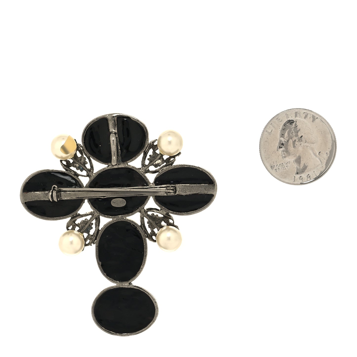 Pearl Gripoix Poured Glass CC Brooch Silver Black