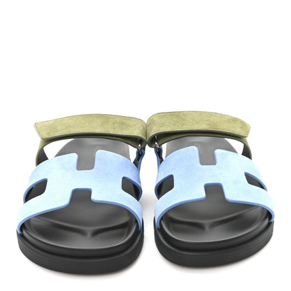 Hermes Suede Goatskin Womens Chypre Sandals 39 Bleu Cameo Vert 3 of 10