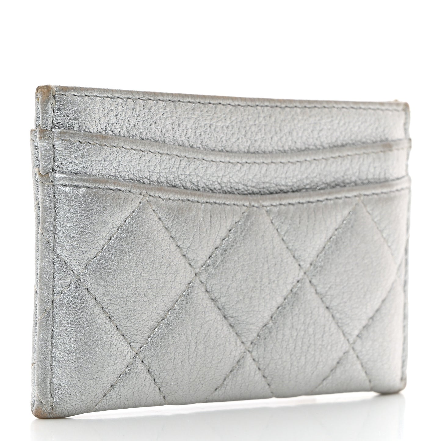 Metallic Lambskin Quilted Card Holder Silver