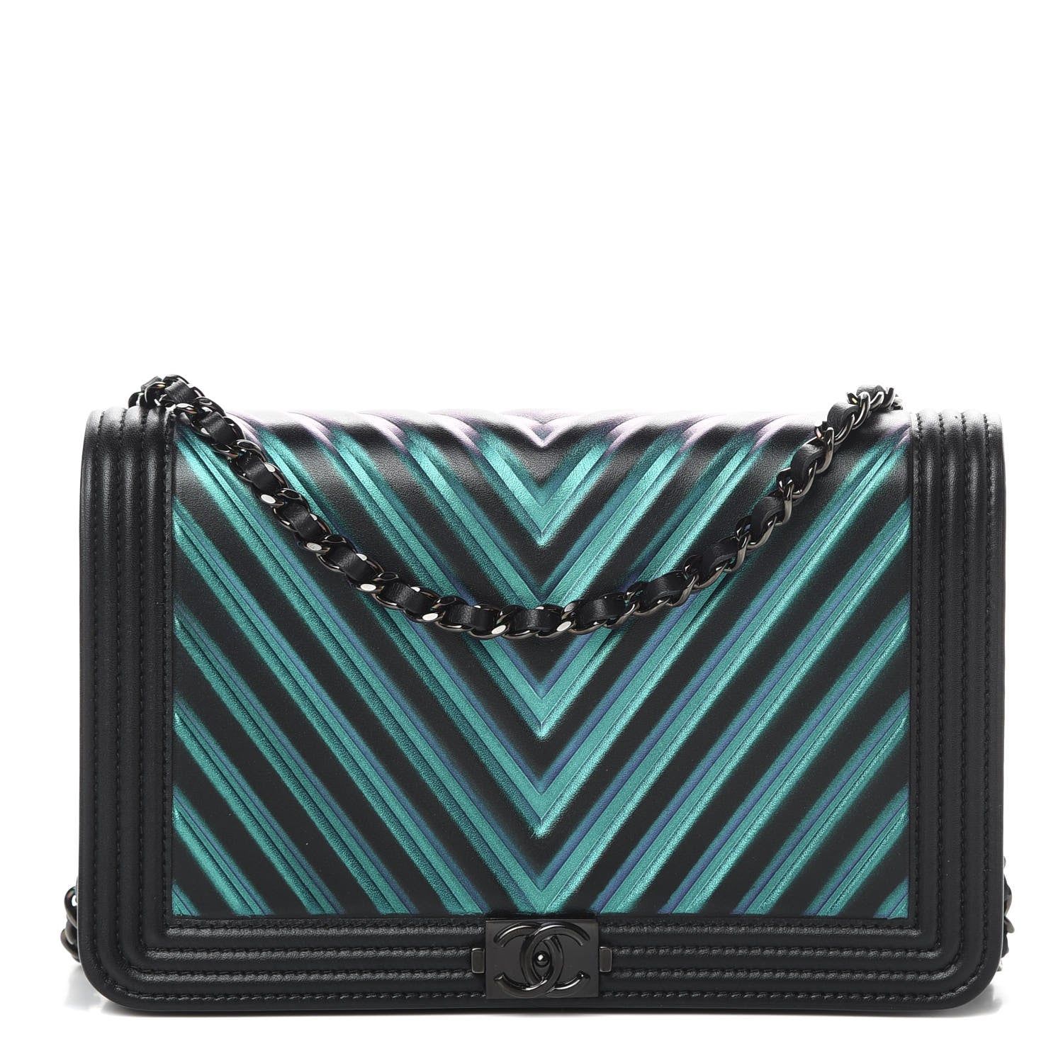 Chanel Calfskin Painted Chevron Embossed Boy Wallet On Chain WOC Black 1 of 14