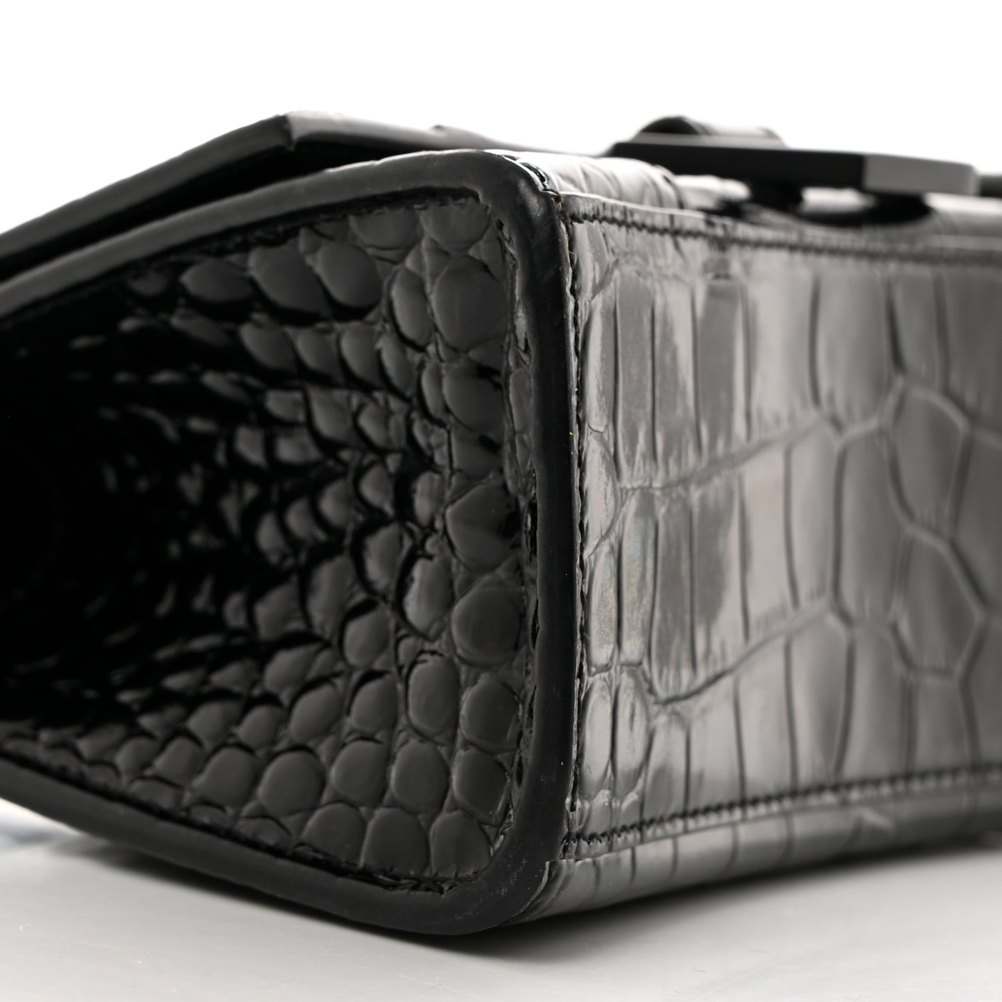 Shiny Calfskin Monochrome Crocodile Embossed Hourglass Top Handle Bag XS Black
