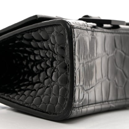 Balenciaga Shiny Calfskin Monochrome Crocodile Embossed Hourglass Top Handle Bag XS Black 10 of 11