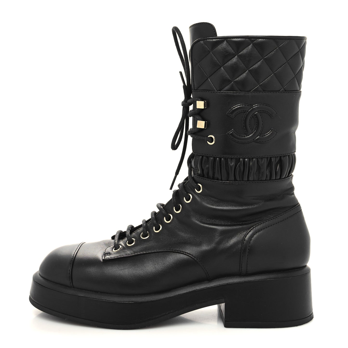 Lambskin Quilted Lace Up Combat Boots 39 Black