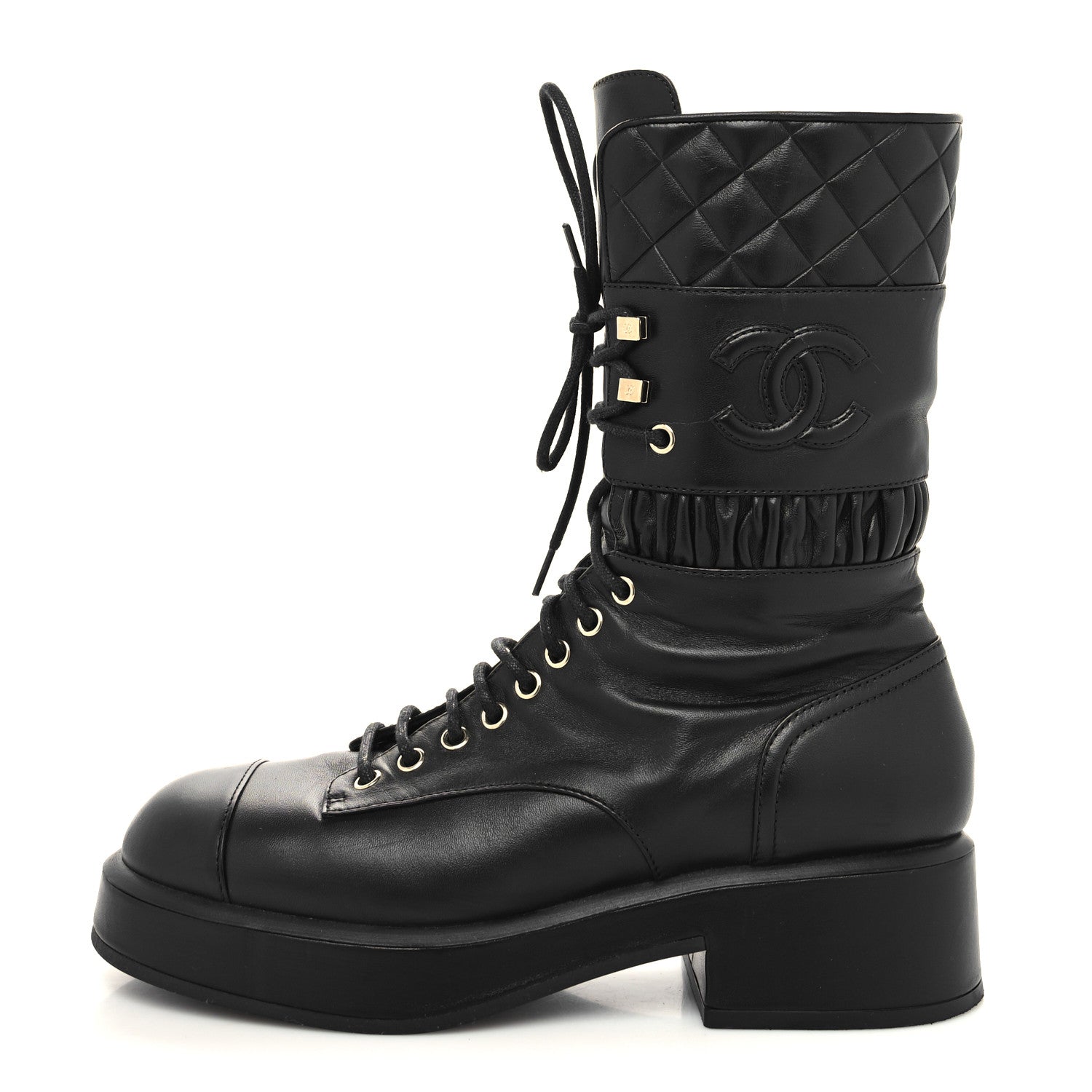 Chanel Lambskin Quilted Lace Up Combat Boots 39 Black 1 of 8