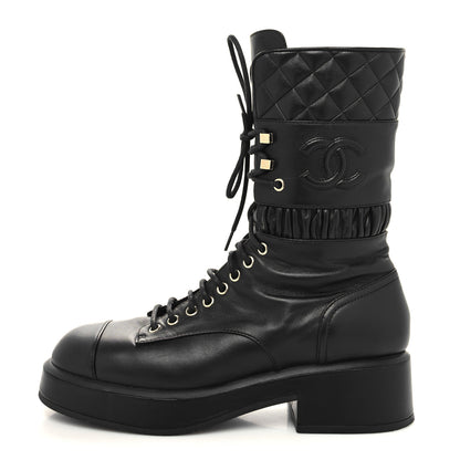 Chanel Lambskin Quilted Lace Up Combat Boots 39 Black 1 of 8