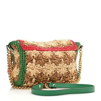 Gucci Raffia Azalea Calfskin Crochet Flower Small GG Marmont Shoulder Bag Natural Ecru Green Red New Shamarock 3 of 12