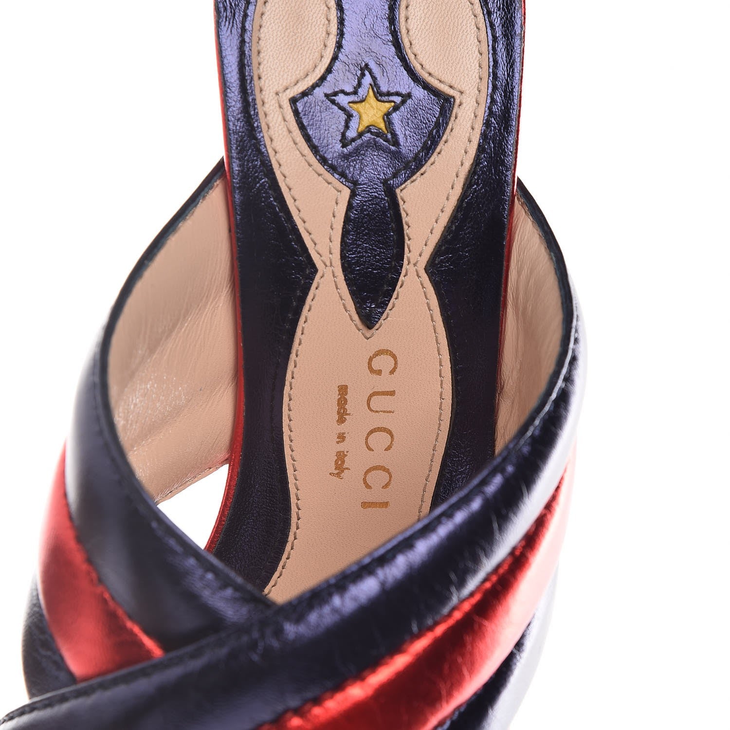 Gucci Metallic Nappa Webby Crossover High Heel Slide Sandals 37.5 Night Flame Red 7 of 10