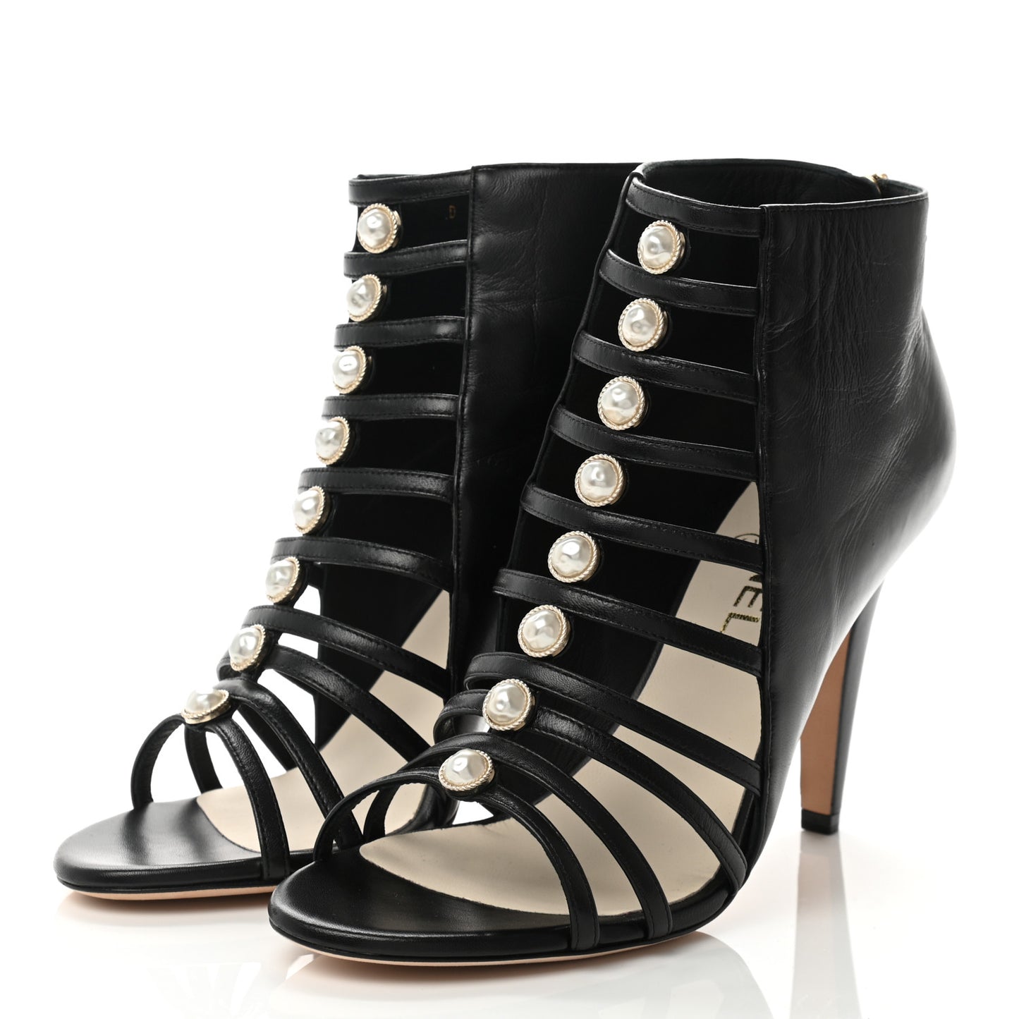 Lambskin Pearl Open Toe Caged Ankle Boots 39 Black