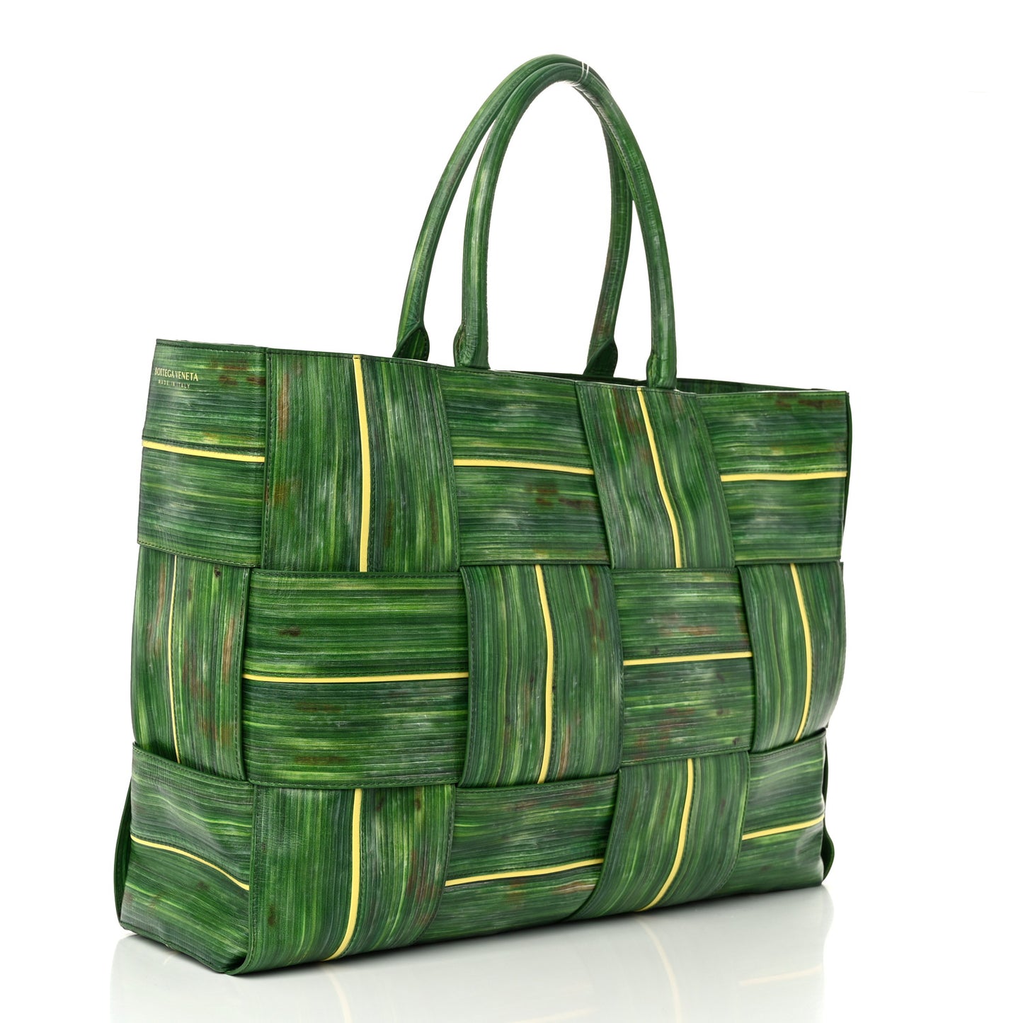 Calfskin Intrecciato Tropical Leaf Printed Large Arco Tote Raintree Seagrass Sherbert