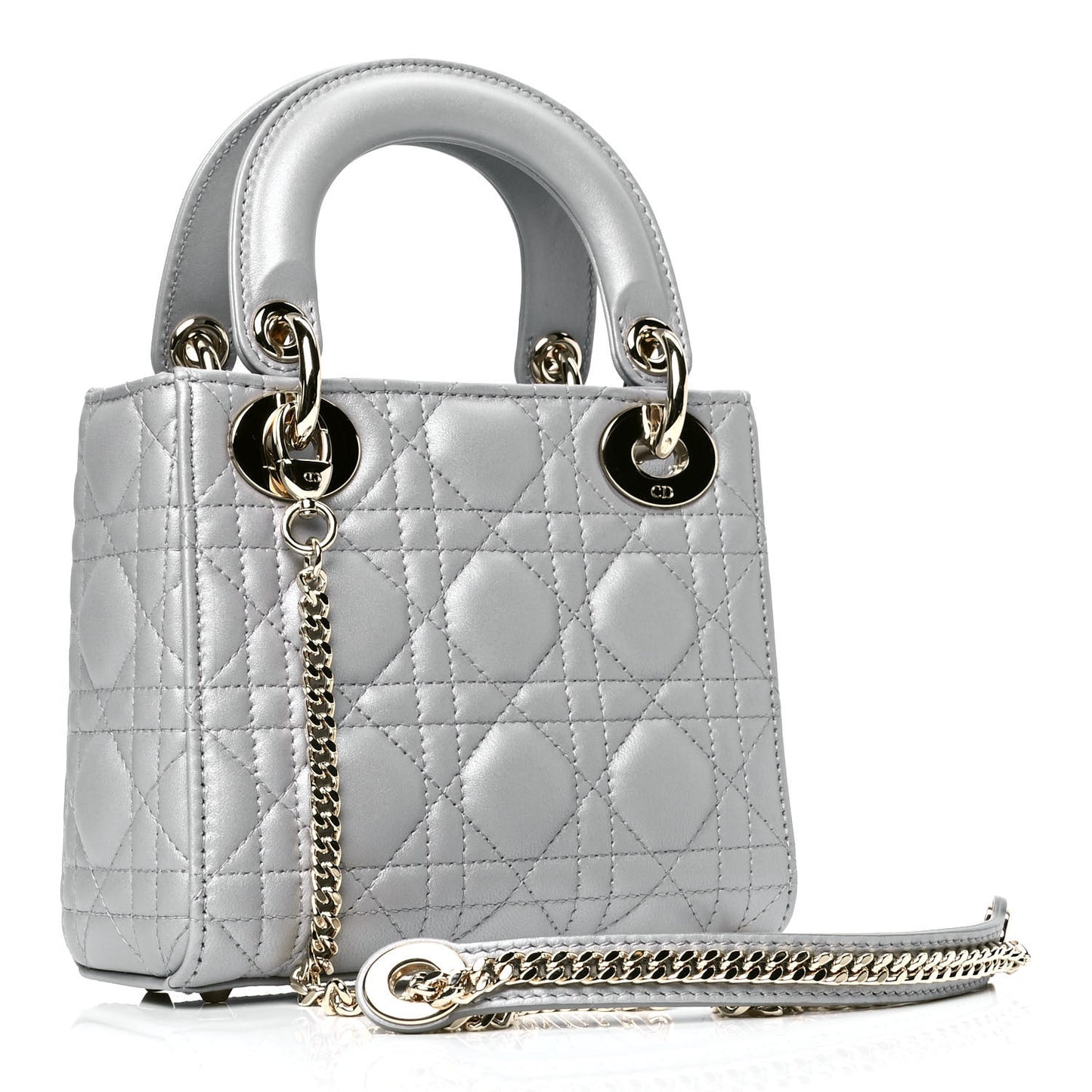 Metallic Lambskin Cannage Mini Lady Dior Grey