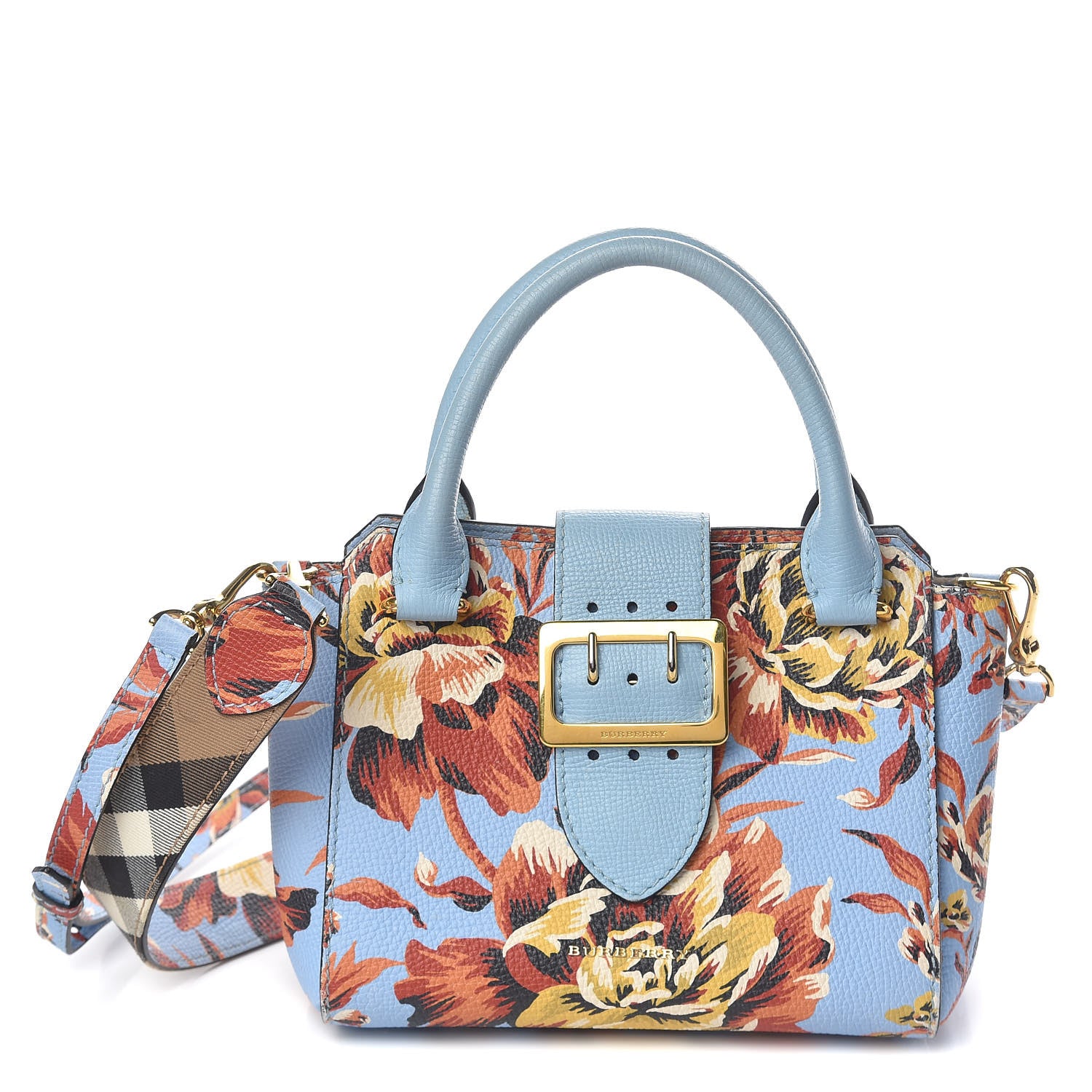 Burberry Soft Grain Calfskin Floral Print Small Buckle Tote Peony Rose Pale Blue Vibrant Orange 1 of 15