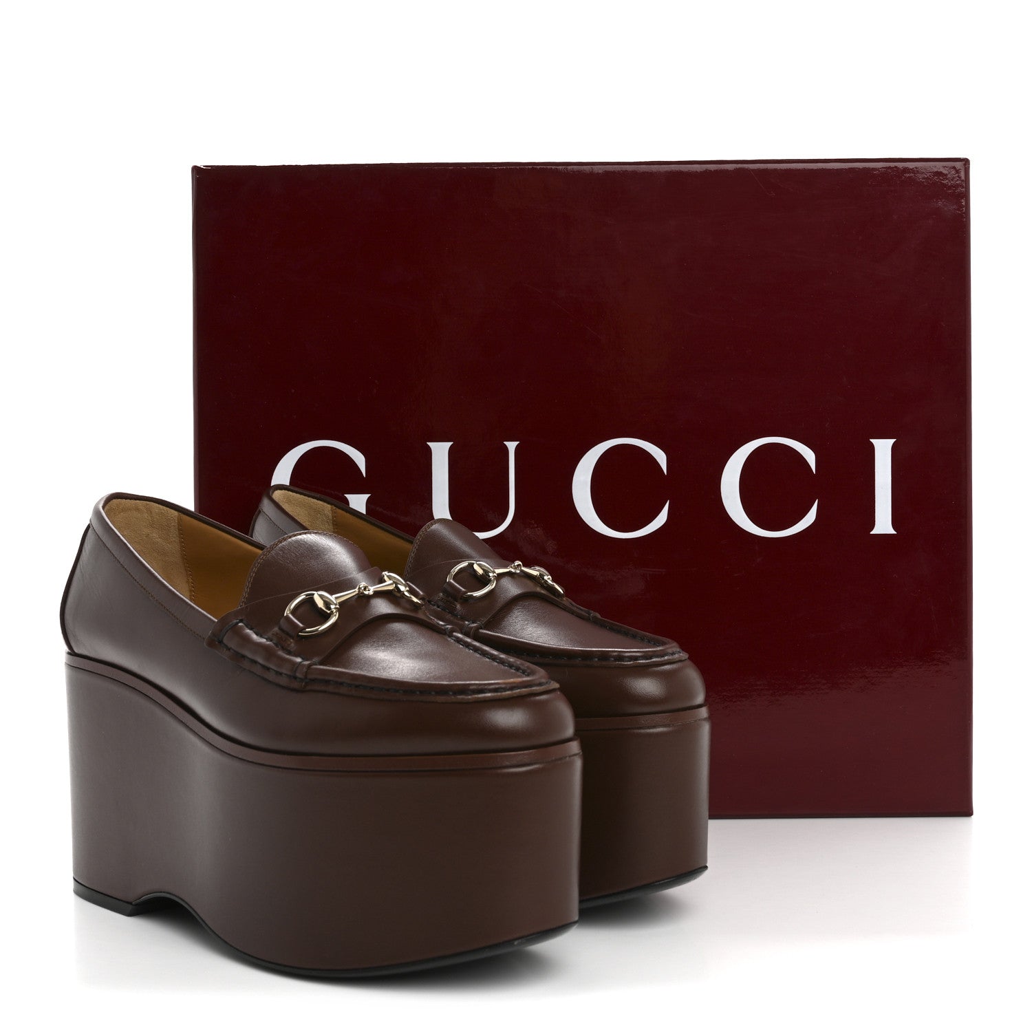 Gucci Ancora Calfskin Womens Horsebit Platform Loafers 37.5 Brown 13 of 13