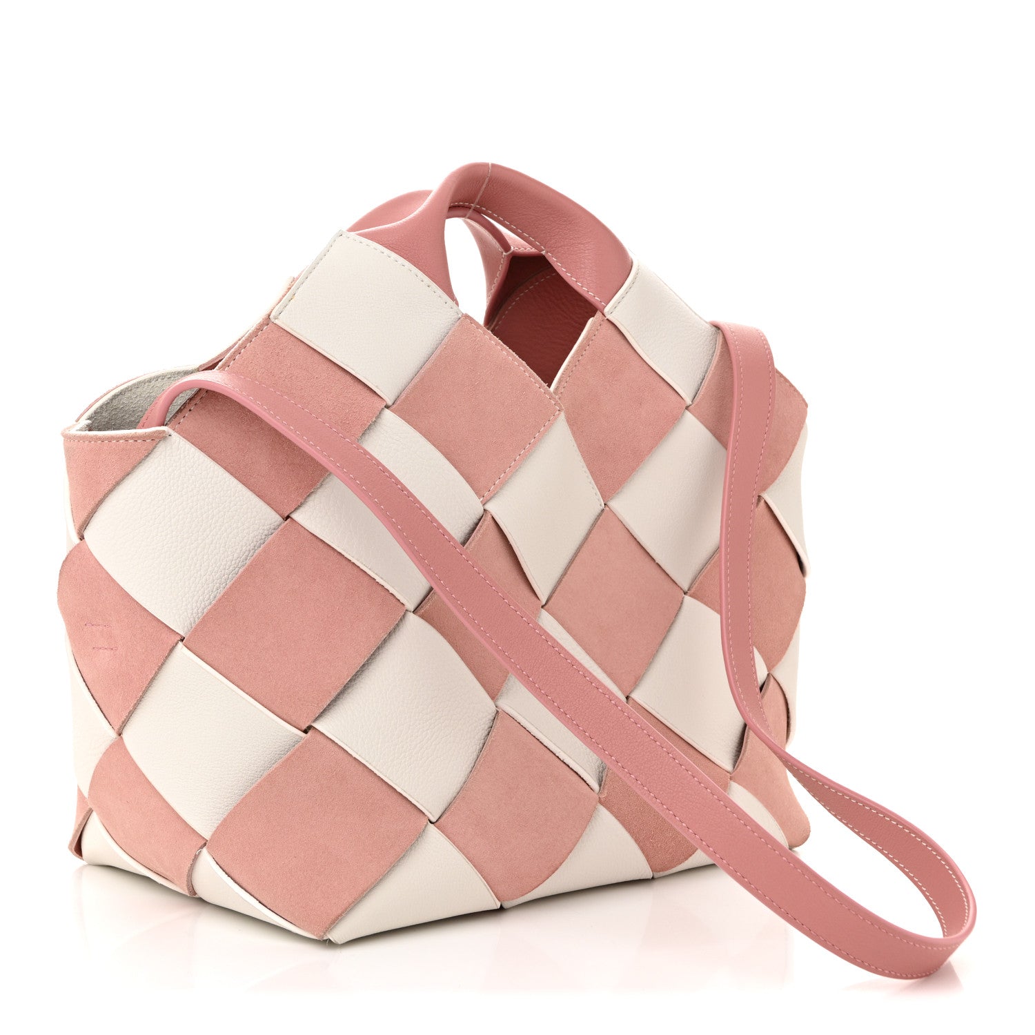 Loewe Calfskin Suede Gingham Woven Basket Bag Soft Pink White 3 of 10