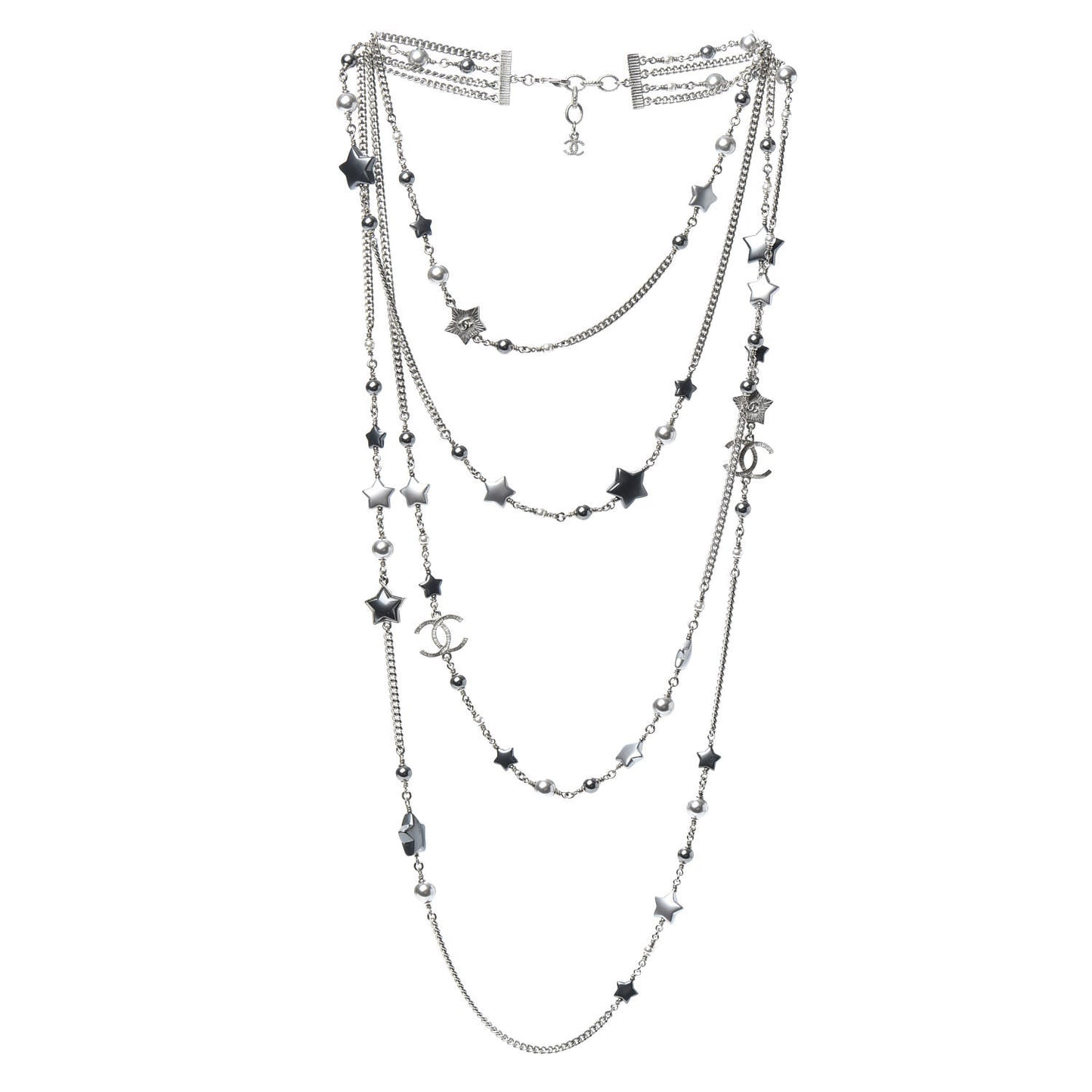 Resin Pearl Star CC Necklace Grey Silver
