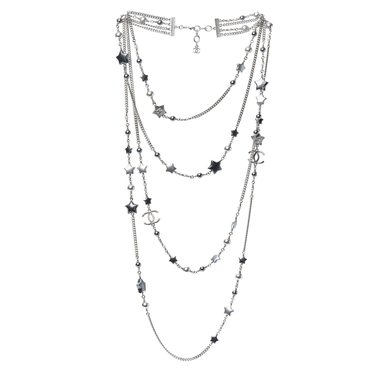 Chanel Resin Pearl Star CC Necklace Grey Silver 3 of 4