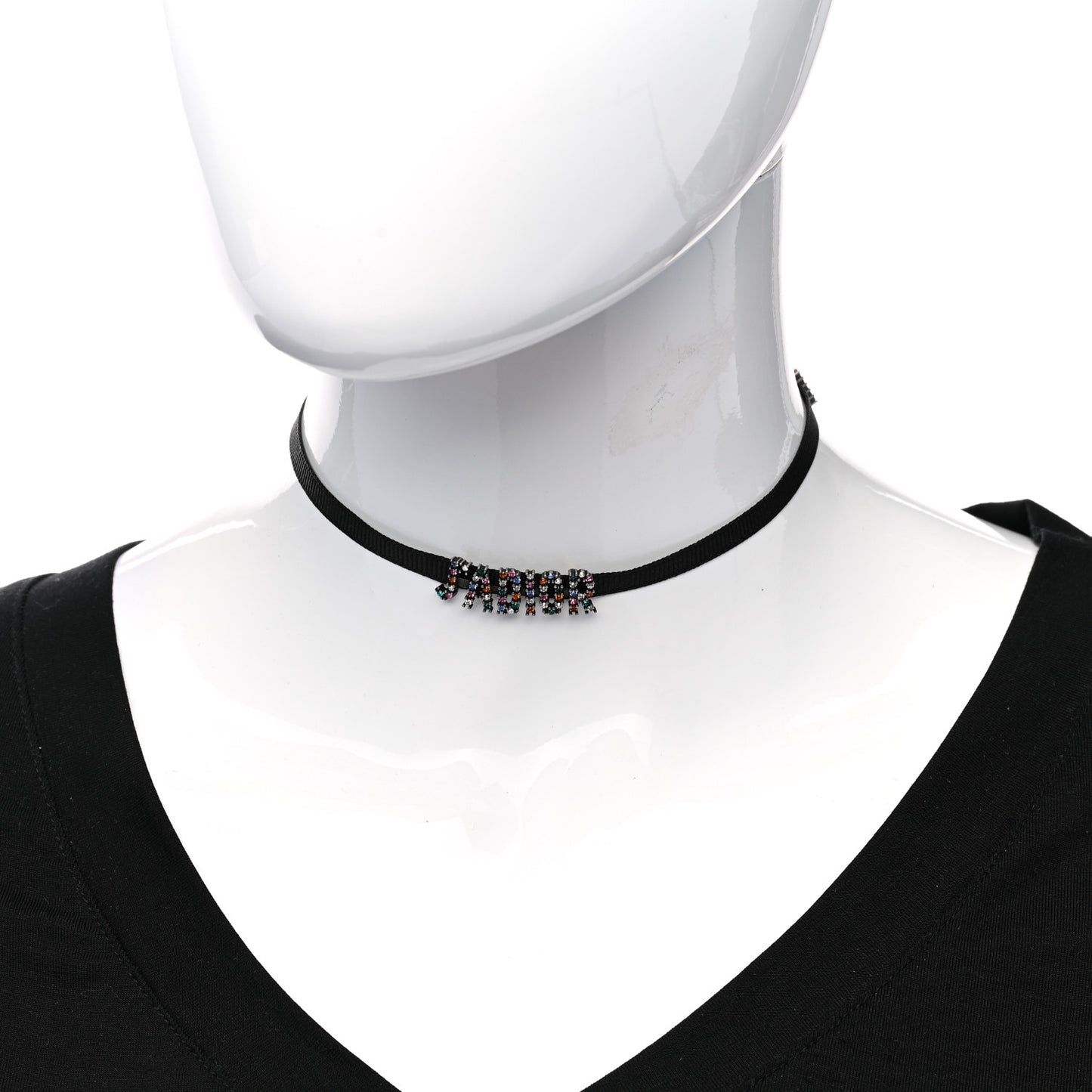 Grosgrain Ribbon Crystal J'Adior Logo Choker Necklace Multicolor