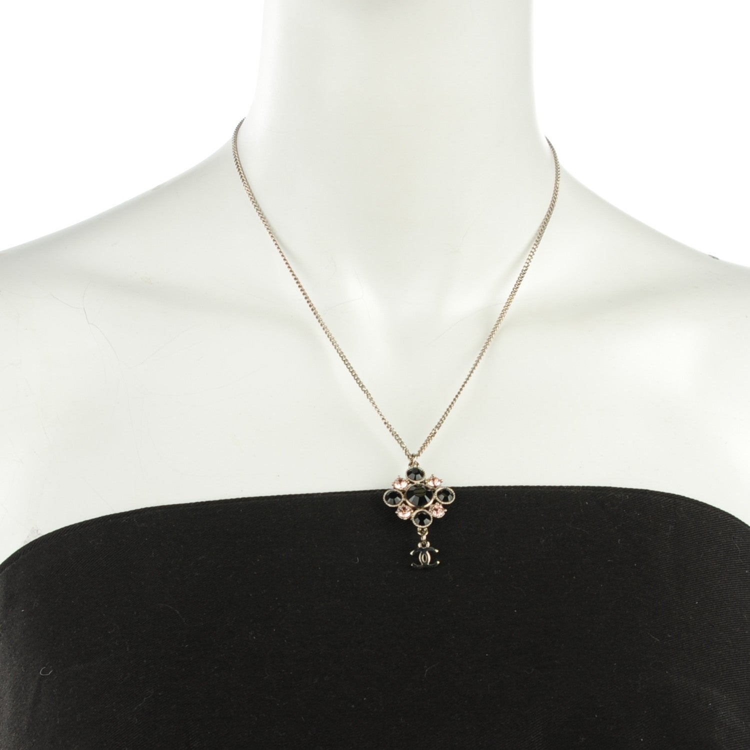 Chanel Crystal CC Pendant Necklace Silver Black 2 of 5