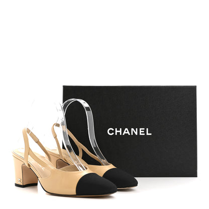 Chanel Goatskin Grosgrain Cap Toe CC Slingback Pumps 37.5 Beige Black 10 of 10