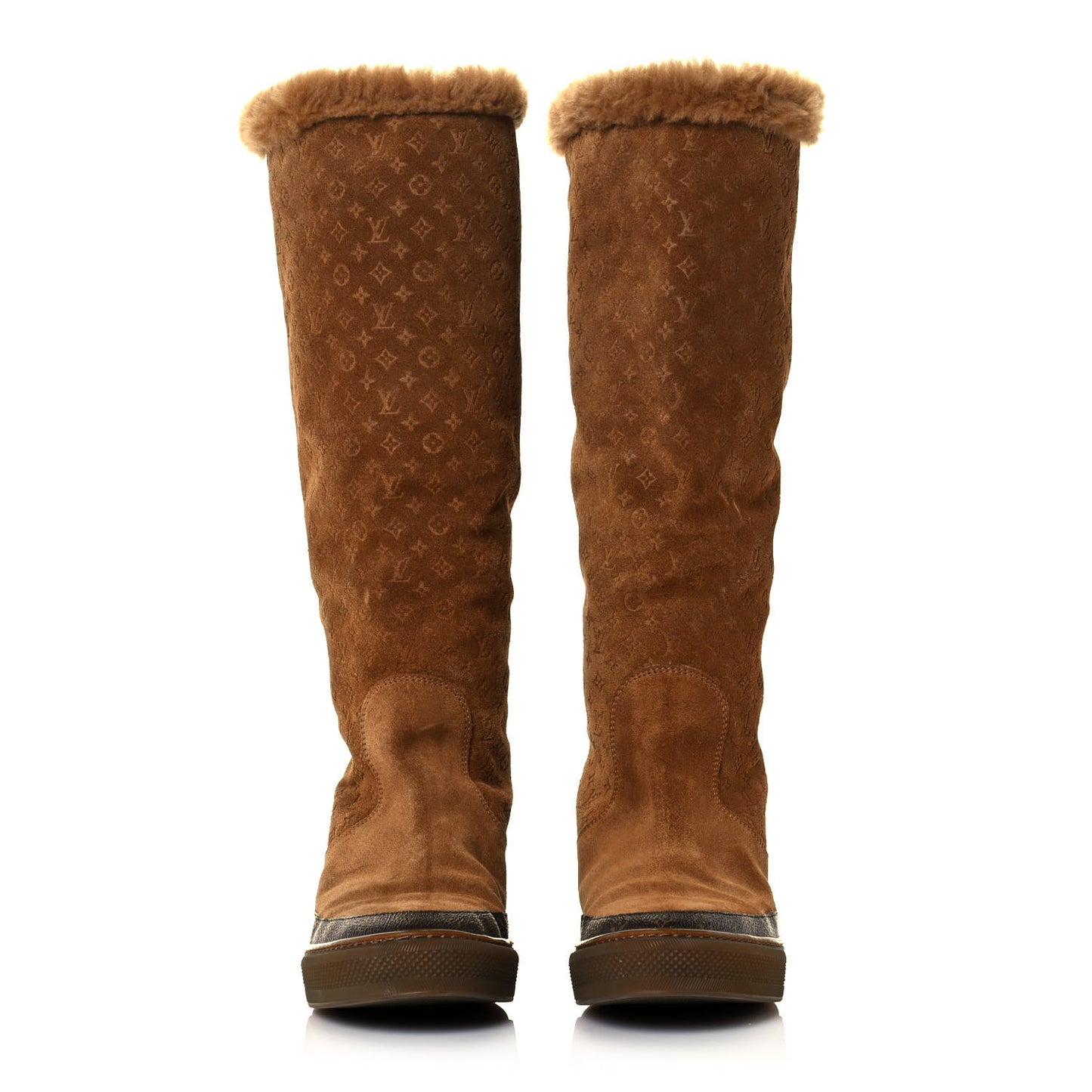 Suede Calfskin Monogram Embossed Snowball Flat Half Boots 38 Cognac