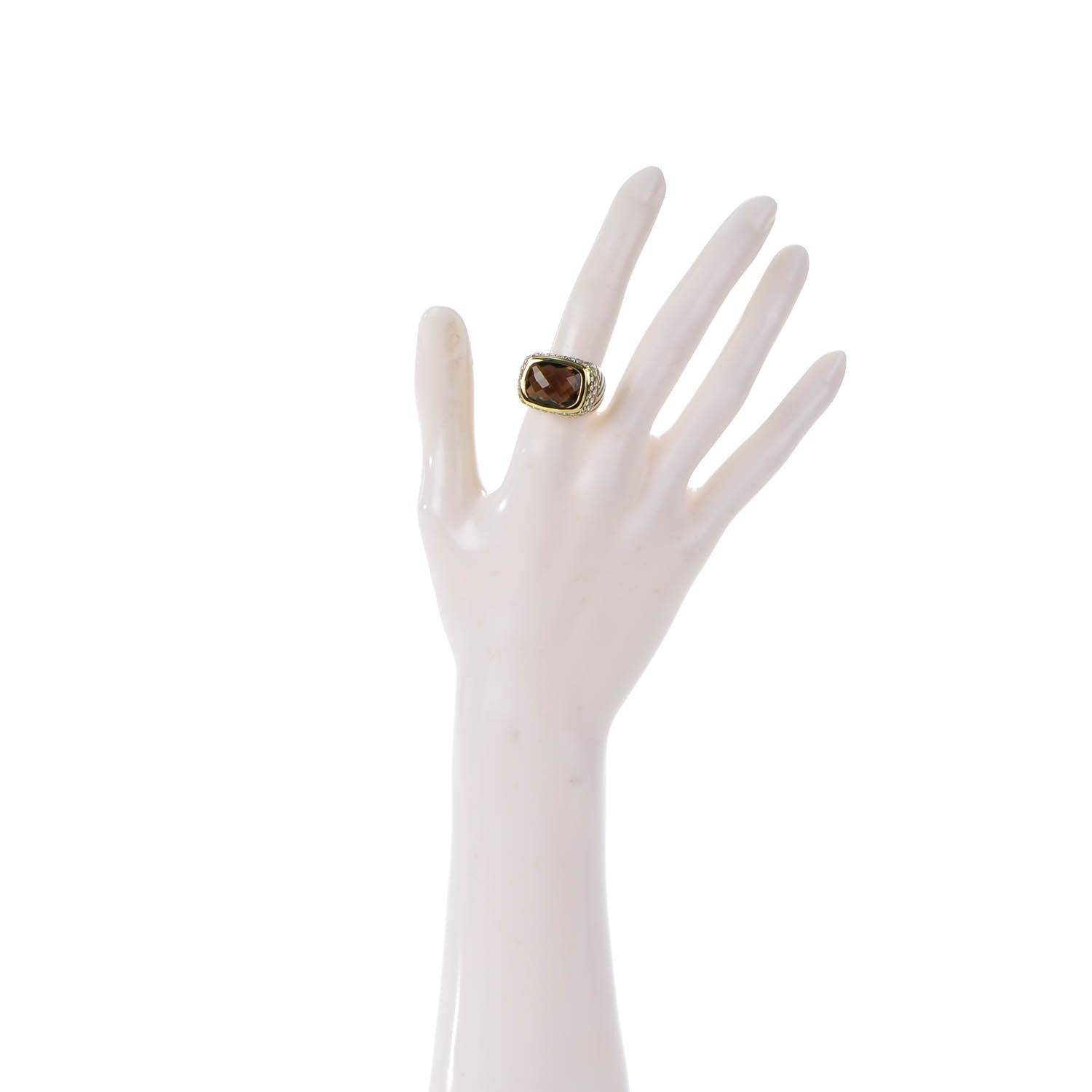 David Yurman Sterling Silver 18K Yellow Gold Pave Diamond Smoky Quartz 15mm Cable Ring 53 6.5 2 of 5
