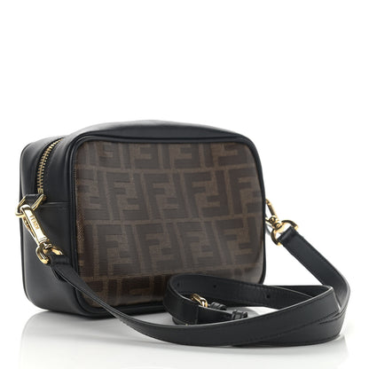 Fendi Glazed Fabric Vitello Century FF 1974 Stamp Patch Mini Camera Case Mogano Panna Black 3 of 12