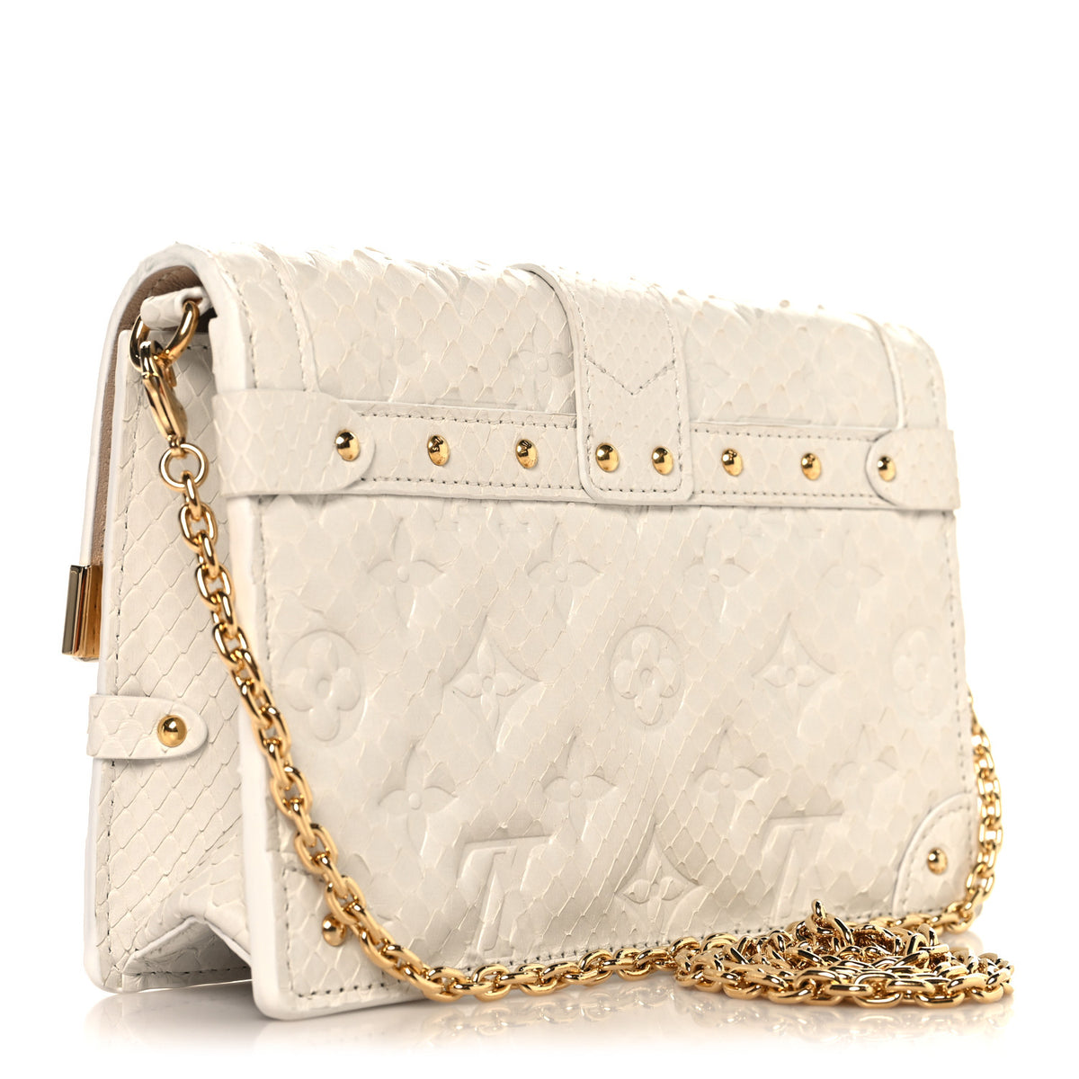 Snakeskin Monogram Embossed Trunk Chain Wallet Blanc