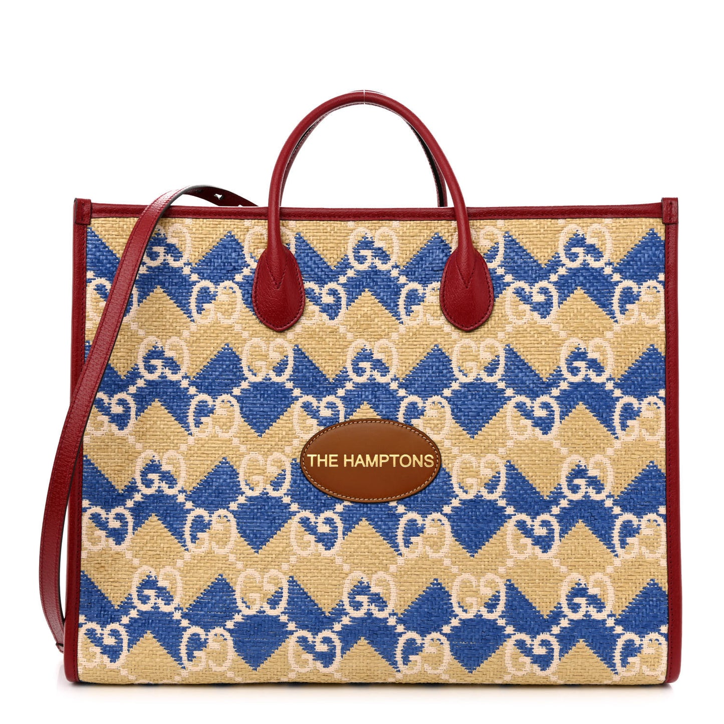 Raffia GG Monogram Hamptons Medium Tote Bag Beige Blue