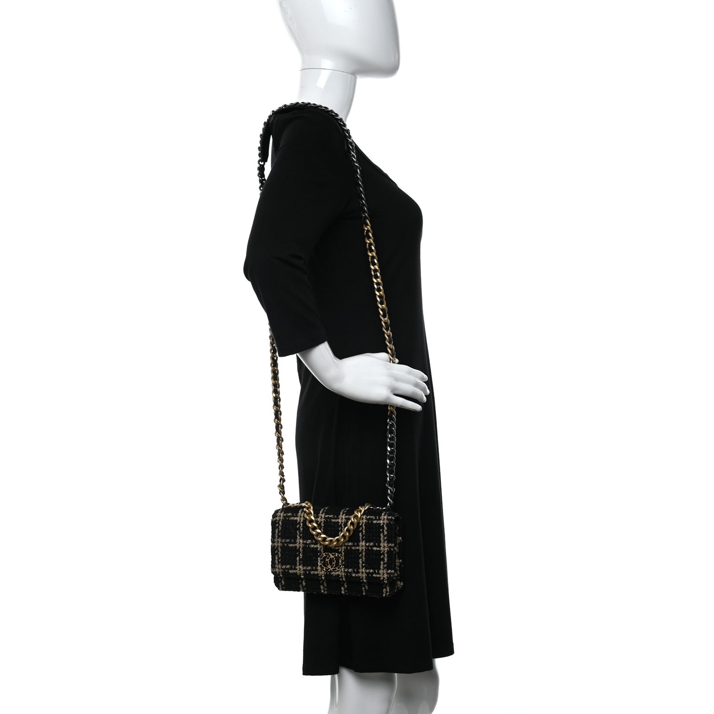 Tweed Quilted Chanel 19 Wallet On Chain WOC Black Beige