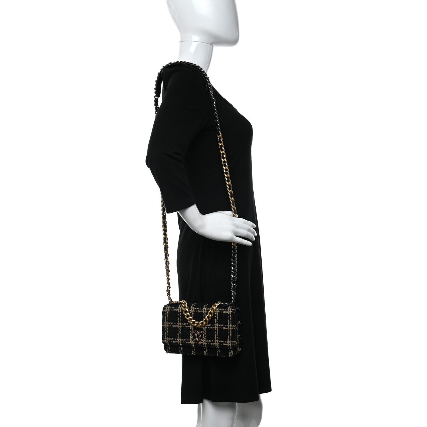 Chanel Tweed Quilted Chanel 19 Wallet On Chain WOC Black Beige 2 of 10
