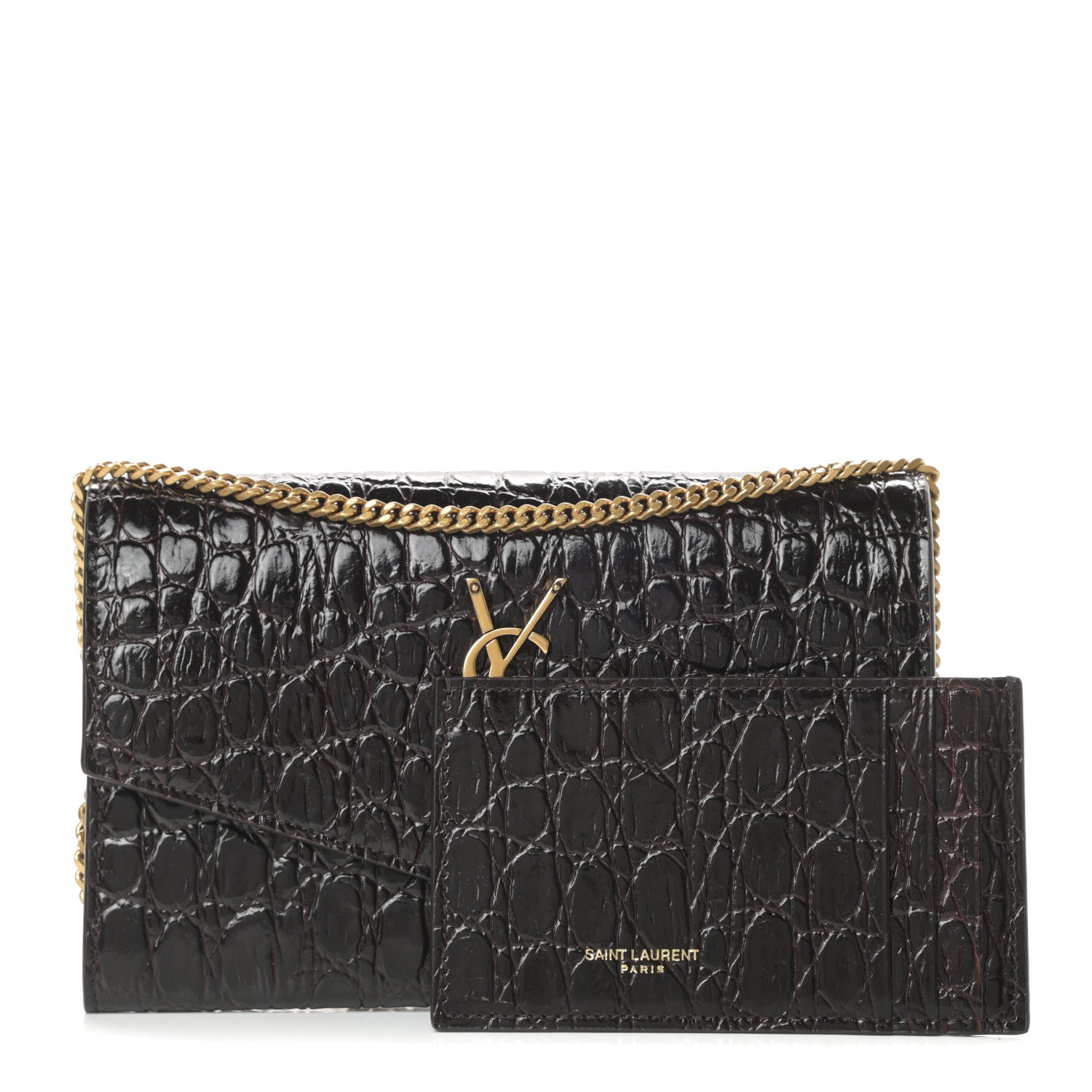Saint Laurent Calfskin Crocodile Embossed Monogram Uptown Chain Wallet Fondente 1 of 12