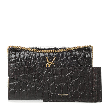 Saint Laurent Calfskin Crocodile Embossed Monogram Uptown Chain Wallet Fondente 1 of 12