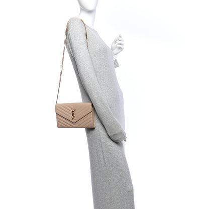 Saint Laurent Grain De Poudre Matelasse Chevron Monogram Chain Wallet Dark Beige 2 of 10