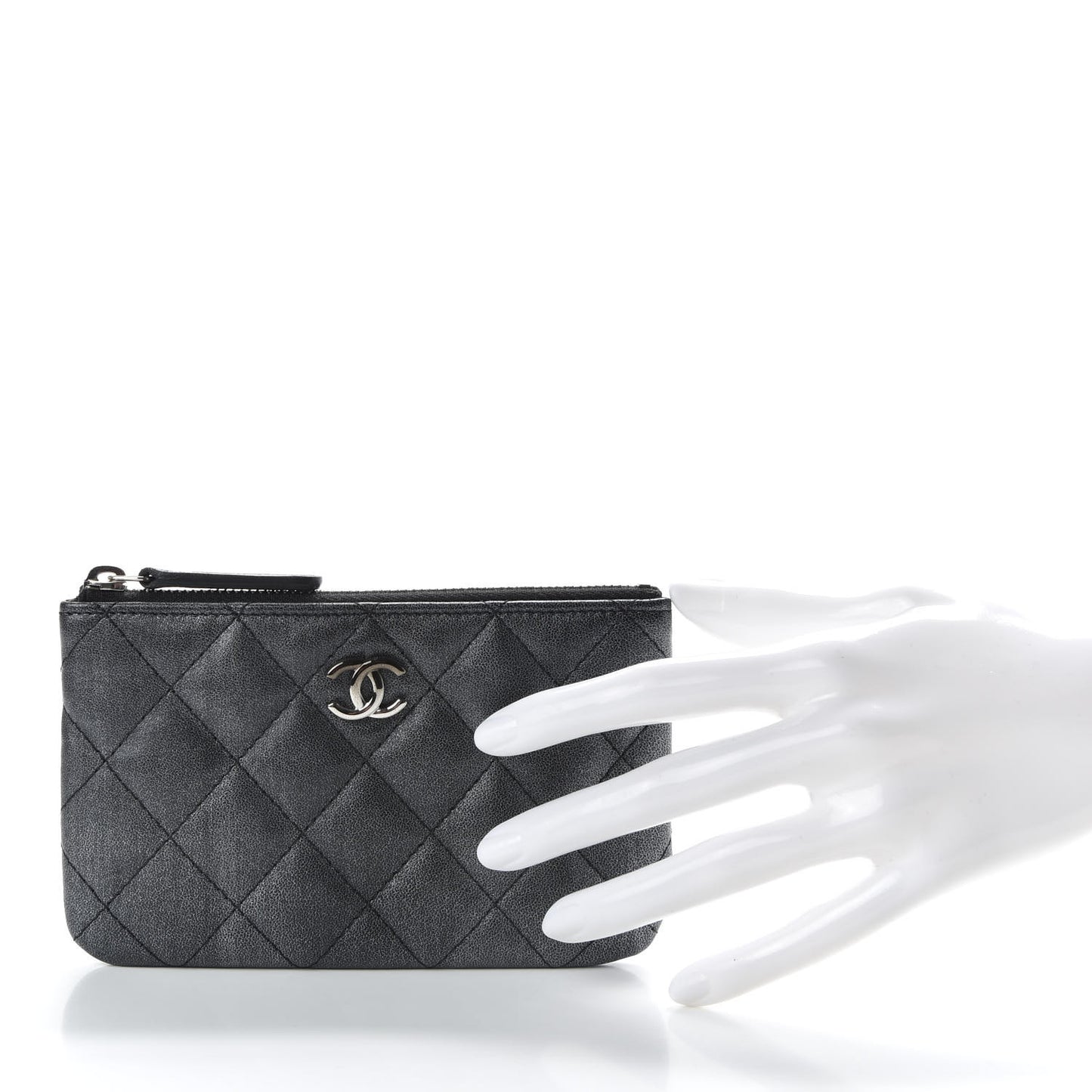 Metallic Goatskin Quilted Small Cosmetic Case Dark Grey