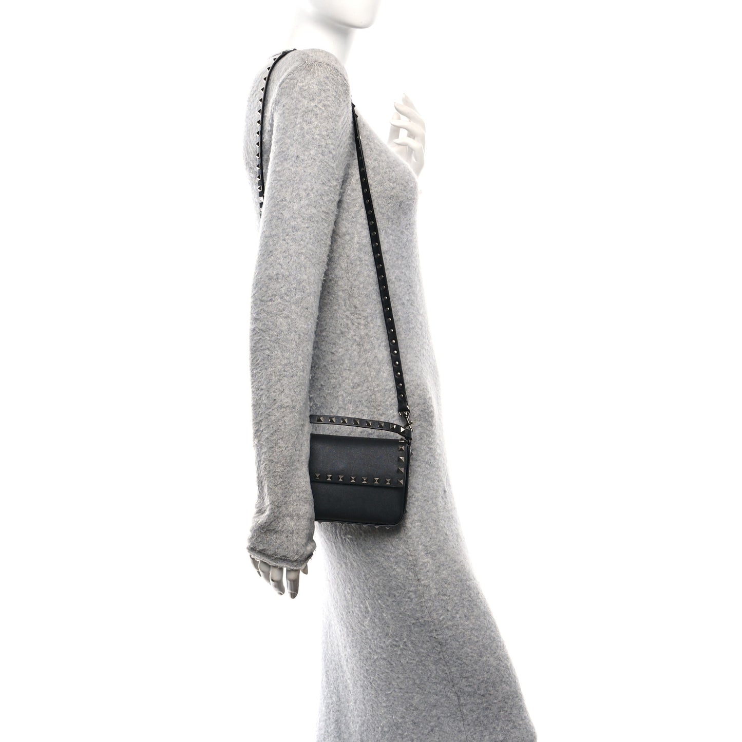 Grainy Calfskin Rockstud Crossbody Pouch Black