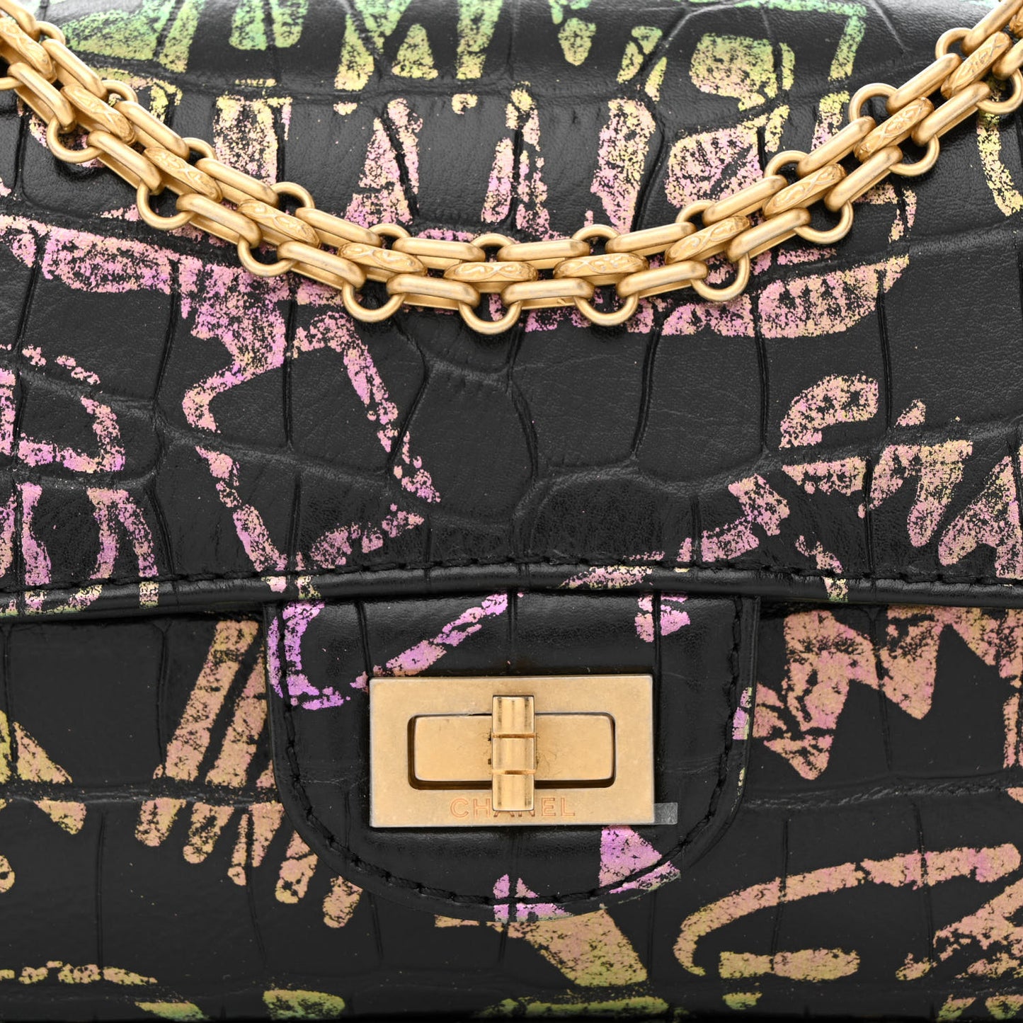 Calfskin Crocodile Embossed Graffiti 2.55 Mini Cocodile Reissue Flap Black Gold