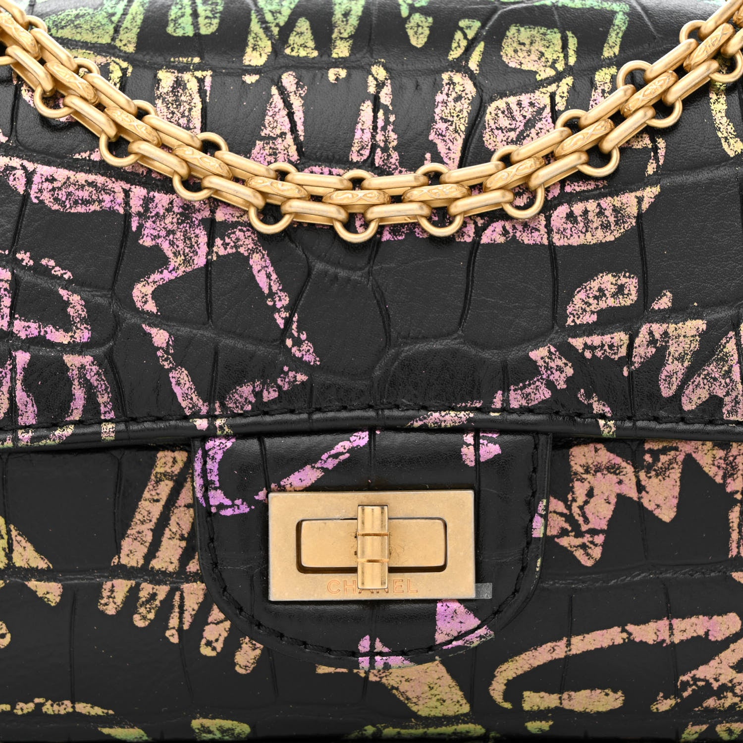 Chanel Calfskin Crocodile Embossed Graffiti 2.55 Mini Cocodile Reissue Flap Black Gold 8 of 11