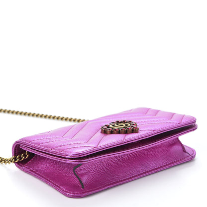 Gucci Metallic Calfskin Matelasse Crystal GG Marmont Mini Bag Fuchsia 3 of 8