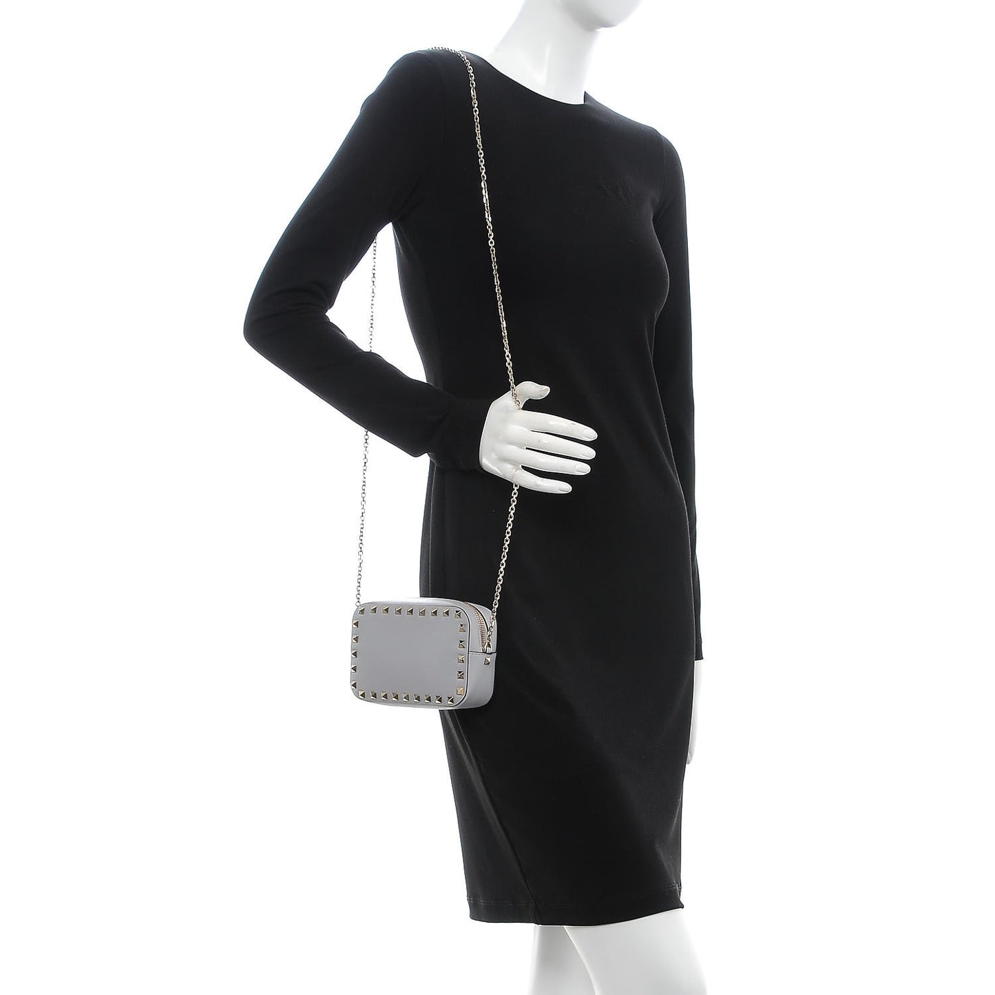 Calfskin Rockstud Camera Chain Crossbody Bag Pastel Grey