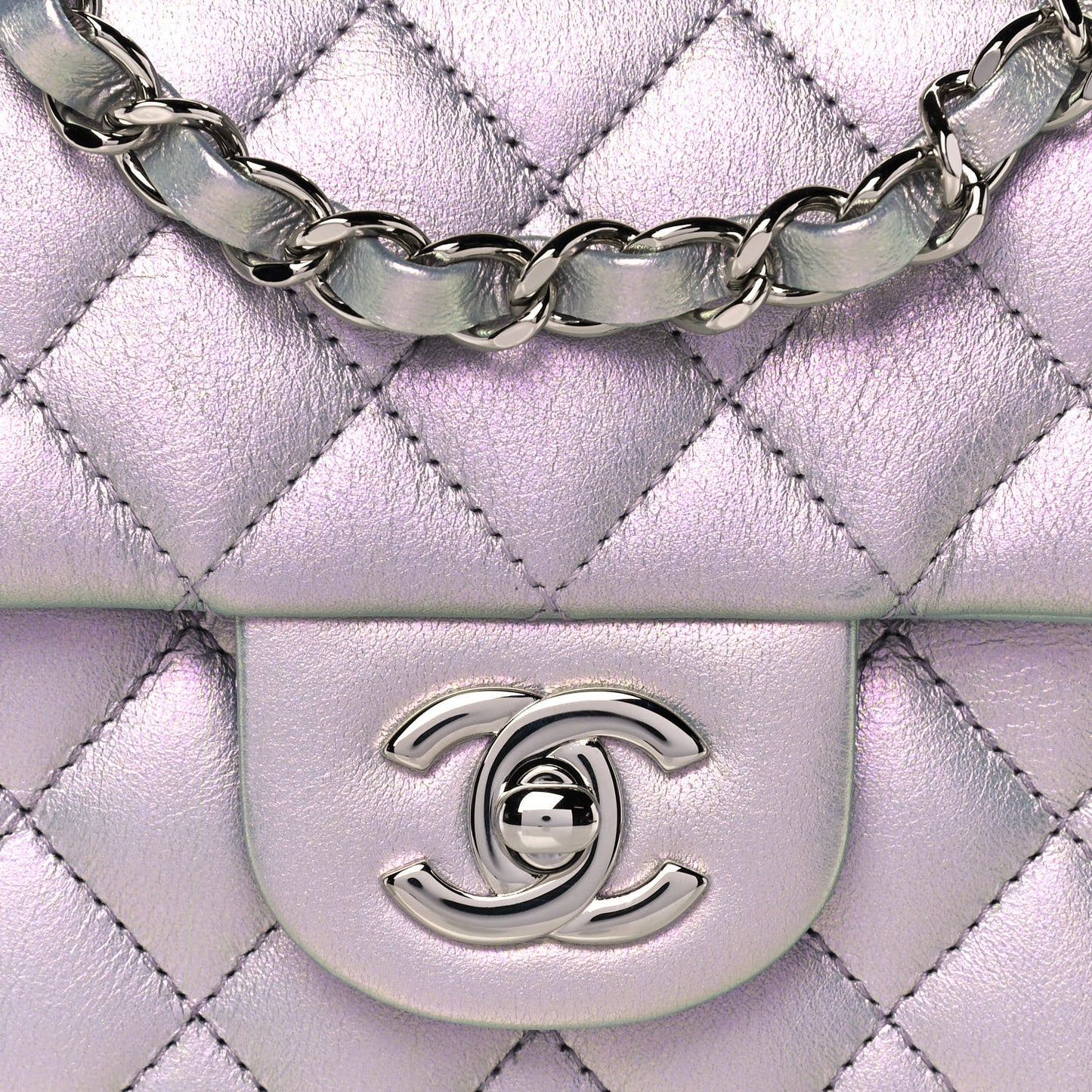 Iridescent Calfskin Quilted Mini Rectangular Flap Purple