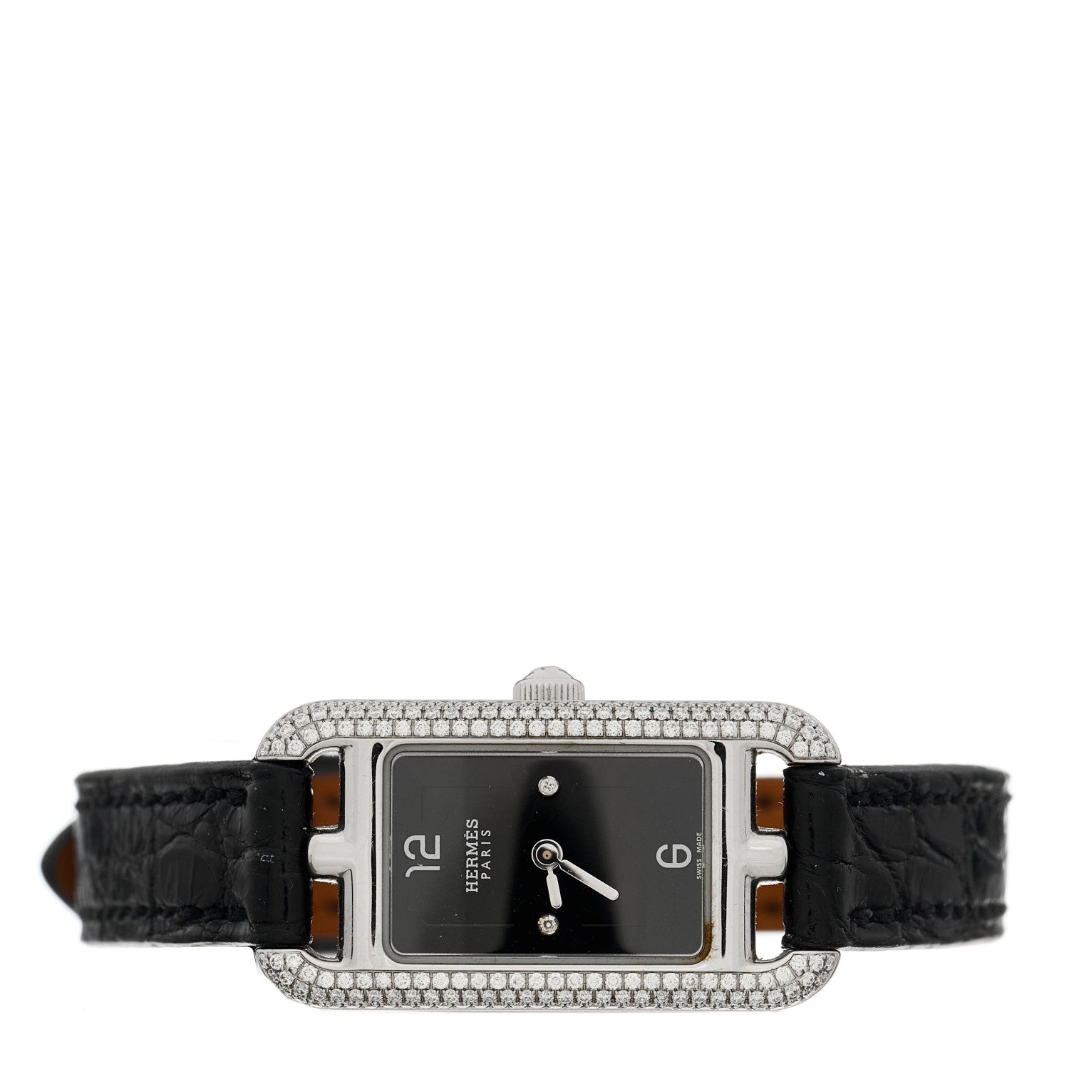 Hermes Stainless Steel Alligator Diamond 17mm Nantucket Serti Joaillier Quartz Watch Noir 3 of 5